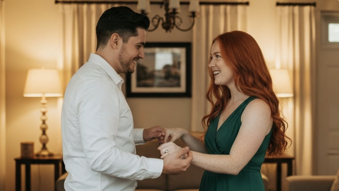 Couple laughing together during a private dance lesson at home