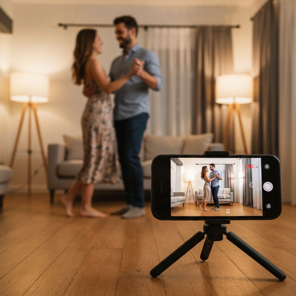Phone recording a couple dancing in their home